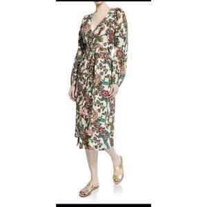 Figue Malina Belted Metallic Birds Floral Paradise Printed Midi Dress $625 Small